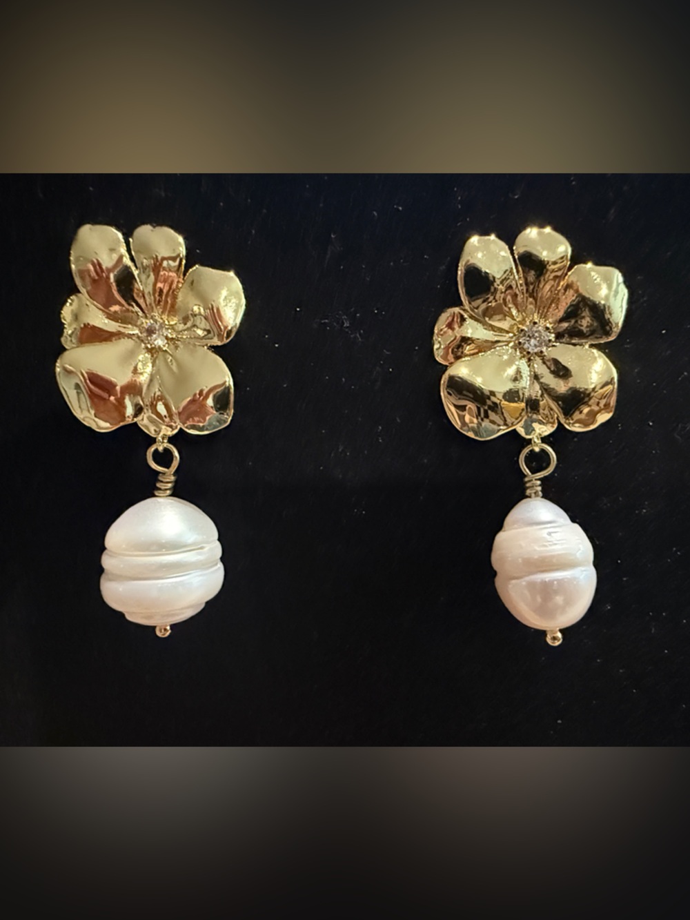 Gold Floral Drop Earrings with Cream Pearl Dangles